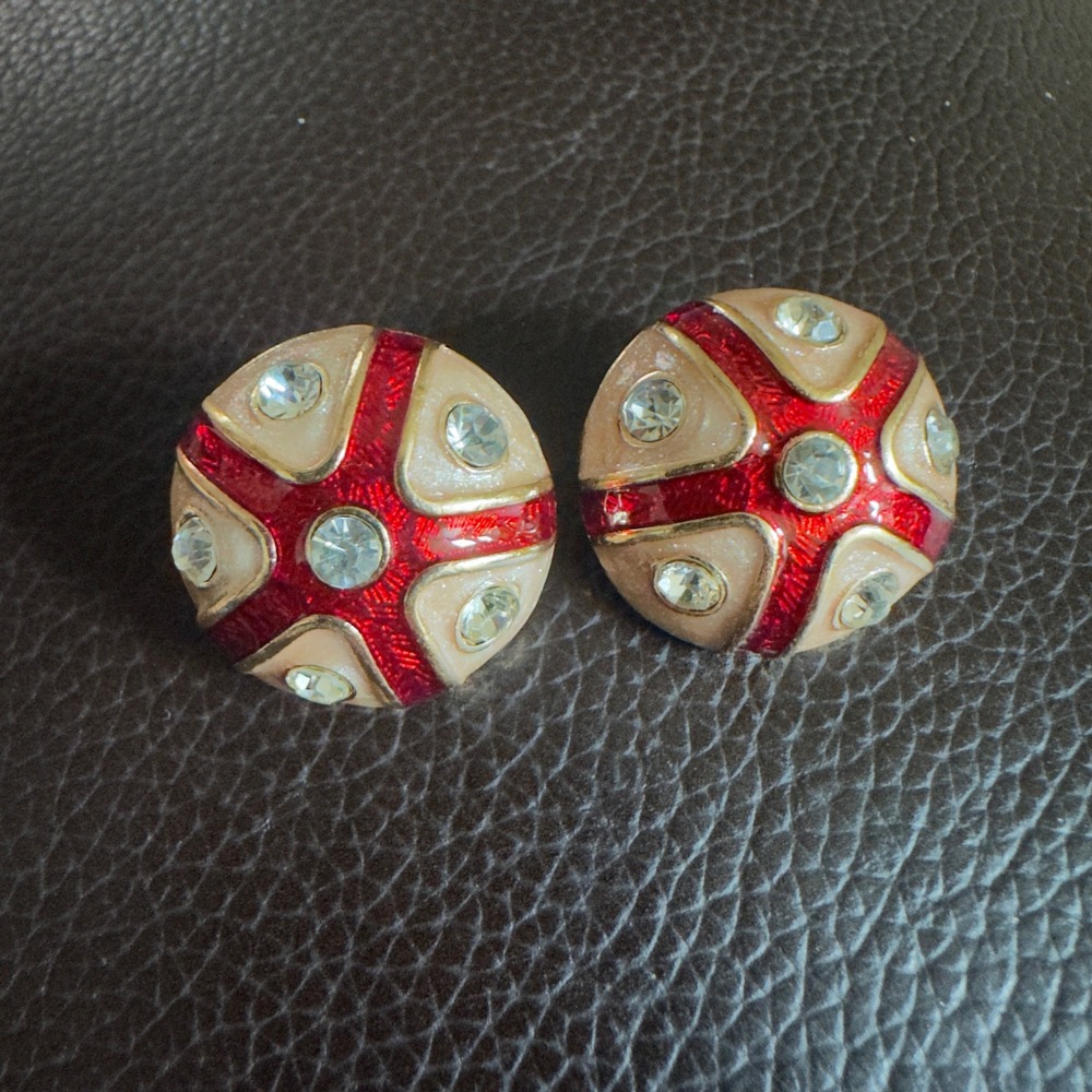 Vintage Red Cream Enamel Rhinestone Dome Stud Earrings Gold Tone Button Retro